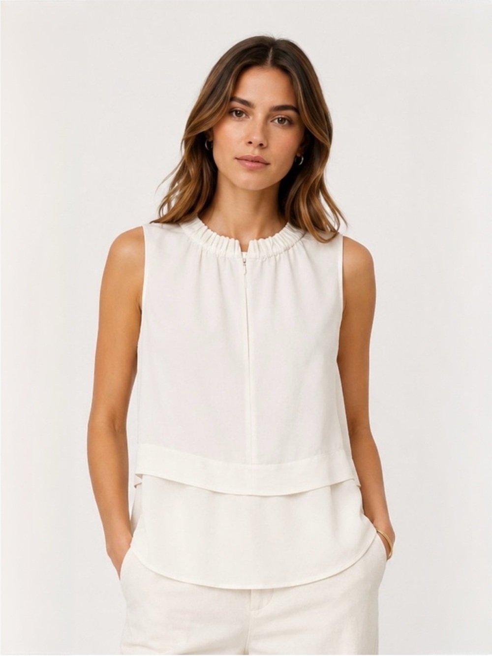 A.L.C. Ivory Sleeveless Ruffle Neck Blouse | Designer Top Size 4